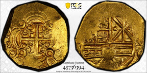 COLOMBIA 2 ESCUDOS 1698 FROM 1715 FLEET SHIPWRECK PCGS 62 PIRATE GOLD COINS