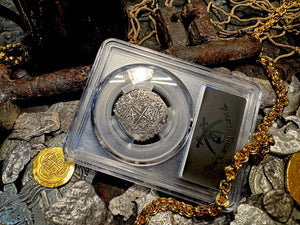 BOLIVIA 2 REALES ATOCHA DATED 1618 FISHER COA & FLIP PIRATE SILVER COINS PCGS 20