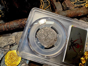 BOLIVIA 2 REALES ATOCHA DATED 1618 FISHER COA & FLIP PIRATE SILVER COINS PCGS 20