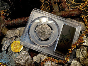 BOLIVIA 2 REALES ATOCHA DATED 1618 FISHER COA & FLIP PIRATE SILVER COINS PCGS 20