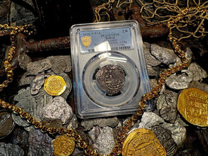 BOLIVIA 2 REALES ATOCHA DATED 1618 FISHER COA & FLIP PIRATE SILVER COINS PCGS 20