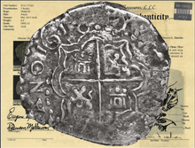 Load image into Gallery viewer, BOLIVIA 2 REALES ATOCHA DATED 1618 FISHER COA &amp; FLIP PIRATE SILVER COINS PCGS 20