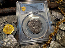 Load image into Gallery viewer, BOLIVIA 2 REALES ATOCHA DATED 1618 FISHER COA &amp; FLIP PIRATE SILVER COINS PCGS 20