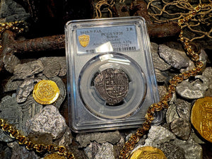 BOLIVIA 2 REALES ATOCHA DATED 1618 FISHER COA & FLIP PIRATE SILVER COINS PCGS 20