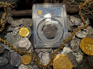 BOLIVIA 2 REALES ATOCHA DATED 1618 FISHER COA & FLIP PIRATE SILVER COINS PCGS 20