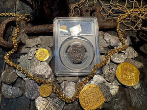 BOLIVIA 2 REALES ATOCHA DATED 1618 FISHER COA & FLIP PIRATE SILVER COINS PCGS 20