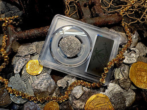 BOLIVIA 2 REALES ATOCHA DATED 1618 FISHER COA & FLIP PIRATE SILVER COINS PCGS 20