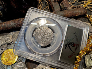 BOLIVIA 2 REALES ATOCHA DATED 1618 FISHER COA & FLIP PIRATE SILVER COINS PCGS 20