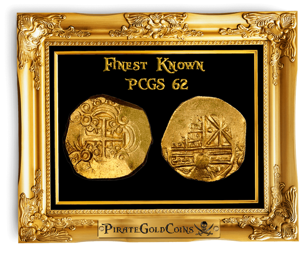 COLOMBIA 2 ESCUDOS 1698 FROM 1715 FLEET SHIPWRECK PCGS 62 PIRATE GOLD COINS