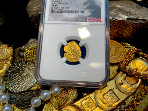 MEXICO 1 ESCUDO 1679-98 JEWELED CROSS "1715 FLEET SHIPWRECK" NGC 45