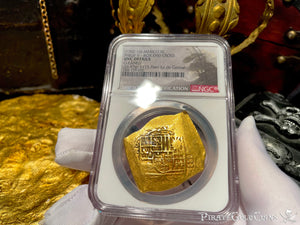 MEXICO MEL FISHER COA 1715 FLEET SHIPWRECK 1702-10 NGC UNC 8 ESCUDOS PIRATE GOLD