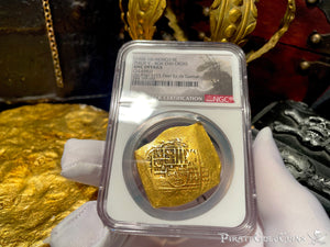 MEXICO MEL FISHER COA 1715 FLEET SHIPWRECK 1702-10 NGC UNC 8 ESCUDOS PIRATE GOLD