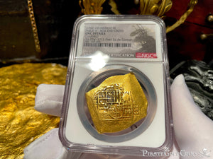 MEXICO MEL FISHER COA 1715 FLEET SHIPWRECK 1702-10 NGC UNC 8 ESCUDOS PIRATE GOLD