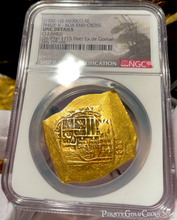 Load image into Gallery viewer, MEXICO MEL FISHER COA 1715 FLEET SHIPWRECK 1702-10 NGC UNC 8 ESCUDOS PIRATE GOLD