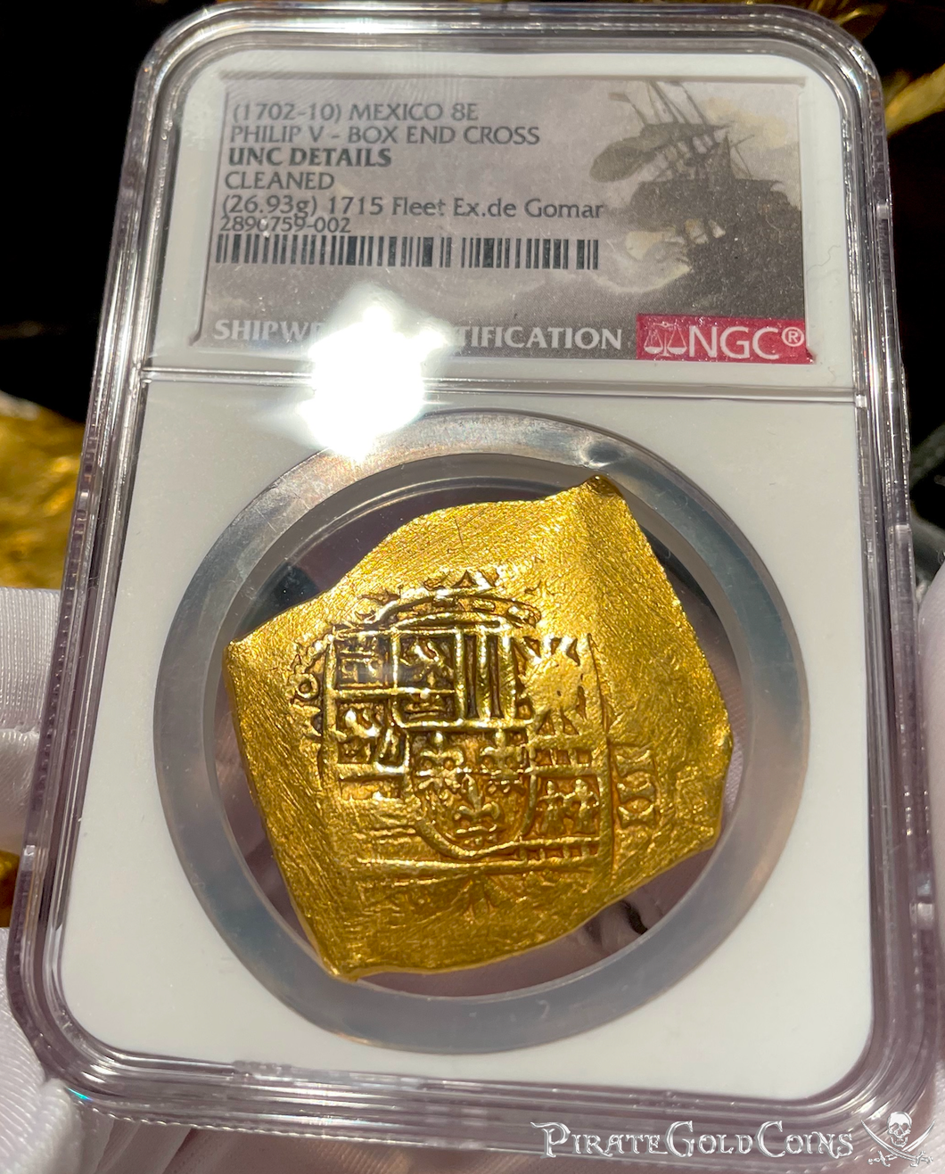 MEXICO MEL FISHER COA 1715 FLEET SHIPWRECK 1702-10 NGC UNC 8 ESCUDOS PIRATE GOLD