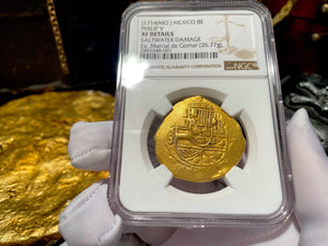 MEL FISHER COA MEXICO 1714 1715 FLEET SHIPWRECK 8 ESCUDOS NGC XF PIRATE GOLD