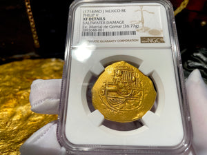 MEL FISHER COA MEXICO 1714 1715 FLEET SHIPWRECK 8 ESCUDOS NGC XF PIRATE GOLD