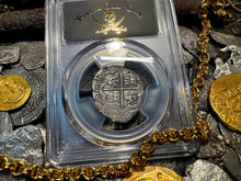 Load image into Gallery viewer, PERU ATOCHA LIMA PCGS 2 REALES w/ MEL FISHER TAG SHIPWRECK 1622 PIRATE COINS