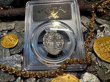 Load image into Gallery viewer, PERU ATOCHA LIMA PCGS 2 REALES w/ MEL FISHER TAG SHIPWRECK 1622 PIRATE COINS