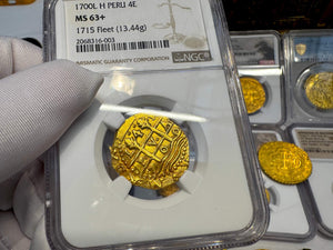 PERU 4 ESCUDOS 1700 FINEST 1715 FLEET SHIPWRECK NGC 63 PIRATE GOLD COINS