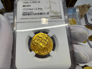 PERU 4 ESCUDOS 1700 FINEST 1715 FLEET SHIPWRECK NGC 63 PIRATE GOLD COINS