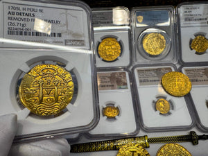 PERU 8 ESCUDOS 1705 NGC AU DETAILS PIRATE GOLD COINS DOUBLOON TREASURE