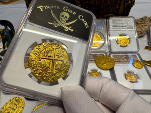 PERU 8 ESCUDOS 1705 NGC AU DETAILS PIRATE GOLD COINS DOUBLOON TREASURE