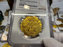 Load image into Gallery viewer, PERU 8 ESCUDOS 1705 NGC AU DETAILS PIRATE GOLD COINS DOUBLOON TREASURE