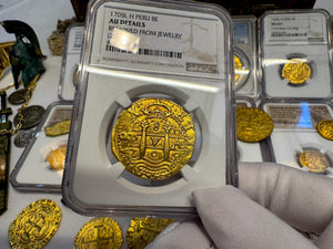 PERU 8 ESCUDOS 1705 NGC AU DETAILS PIRATE GOLD COINS DOUBLOON TREASURE