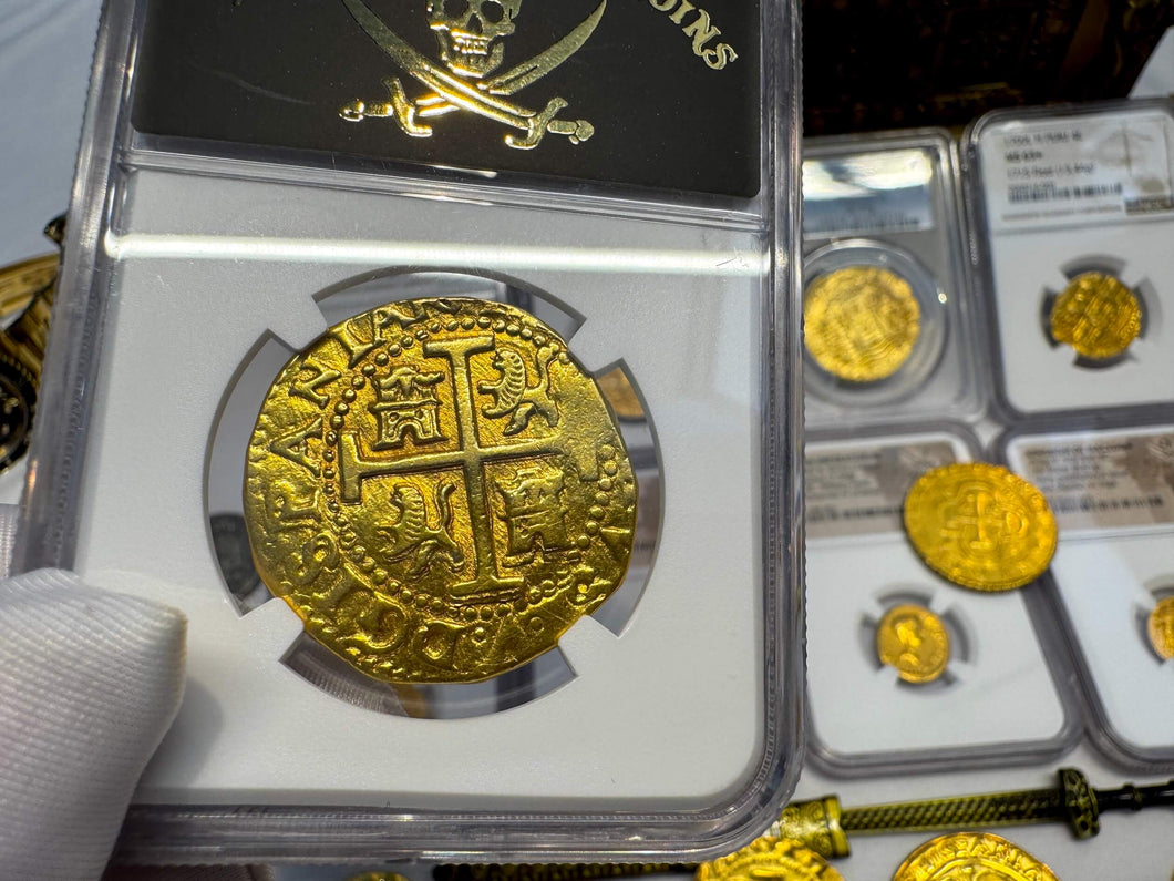 PERU 8 ESCUDOS 1705 NGC AU DETAILS PIRATE GOLD COINS DOUBLOON TREASURE