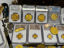 Load image into Gallery viewer, PERU 8 ESCUDOS 1705 NGC AU DETAILS PIRATE GOLD COINS DOUBLOON TREASURE