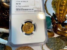 Load image into Gallery viewer, UNIQUE ERROR &quot;LOOSDRECHT SHIPWRECK&quot; PERU 2 ESCUDOS 1716 NGC 58 PIRATE GOLD COINS