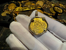 Load image into Gallery viewer, SPAIN 2 ESCUDOS 1556-98 PENDANT W/ DIAMONDS JEWELRY NECKLACE PIRATE GOLD COINS