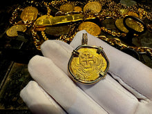 Load image into Gallery viewer, SPAIN 2 ESCUDOS 1556-98 PENDANT W/ DIAMONDS JEWELRY NECKLACE PIRATE GOLD COINS