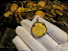 Load image into Gallery viewer, SPAIN 2 ESCUDOS 1556-98 PENDANT W/ DIAMONDS JEWELRY NECKLACE PIRATE GOLD COINS