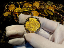 Load image into Gallery viewer, SPAIN 2 ESCUDOS 1556-98 PENDANT W/ DIAMONDS JEWELRY NECKLACE PIRATE GOLD COINS