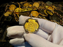 Load image into Gallery viewer, SPAIN 2 ESCUDOS 1556-98 PENDANT W/ DIAMONDS JEWELRY NECKLACE PIRATE GOLD COINS