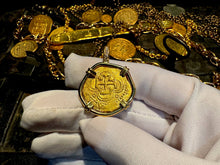 Load image into Gallery viewer, SPAIN 2 ESCUDOS 1556-98 PENDANT W/ DIAMONDS JEWELRY NECKLACE PIRATE GOLD COINS