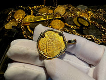 Load image into Gallery viewer, SPAIN 2 ESCUDOS 1556-98 PENDANT W/ DIAMONDS JEWELRY NECKLACE PIRATE GOLD COINS