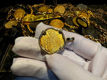 Load image into Gallery viewer, SPAIN 2 ESCUDOS 1556-98 PENDANT W/ DIAMONDS JEWELRY NECKLACE PIRATE GOLD COINS