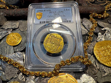 Load image into Gallery viewer, SPAIN 2 ESCUDOS 1566-87 PHILIP II PCGS 55 PIRATE GOLD COINS TREASURE DOUBLOON