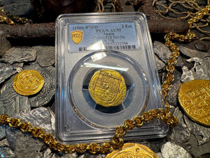 SPAIN 2 ESCUDOS 1566-87 PHILIP II PCGS 55 PIRATE GOLD COINS TREASURE DOUBLOON