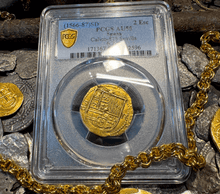 Load image into Gallery viewer, SPAIN 2 ESCUDOS 1566-87 PHILIP II PCGS 55 PIRATE GOLD COINS TREASURE DOUBLOON