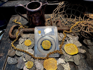 SPAIN 2 ESCUDOS 1566-87 PHILIP II PCGS 55 PIRATE GOLD COINS TREASURE DOUBLOON