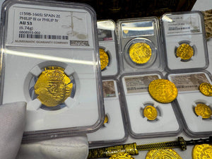 SPAIN 2 ESCUDOS 1598-1665 PHILIP III/ PHILIP IV NGC53 PIRATE GOLD COINS TREASURE