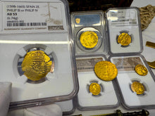 Load image into Gallery viewer, SPAIN 2 ESCUDOS 1598-1665 PHILIP III/ PHILIP IV NGC53 PIRATE GOLD COINS TREASURE