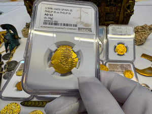 SPAIN 2 ESCUDOS 1598-1665 PHILIP III/ PHILIP IV NGC53 PIRATE GOLD COINS TREASURE