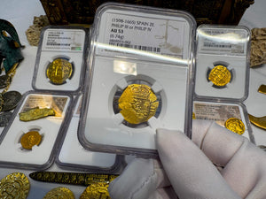 SPAIN 2 ESCUDOS 1598-1665 PHILIP III/ PHILIP IV NGC53 PIRATE GOLD COINS TREASURE