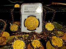 Load image into Gallery viewer, SPAIN 1709/8 PHILIP V 8 ESCUDOS NGC 55 PIRATE GOLD COINS TREASURE DOUBLOON LOOT