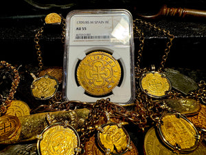 SPAIN 1709/8 PHILIP V 8 ESCUDOS NGC 55 PIRATE GOLD COINS TREASURE DOUBLOON LOOT